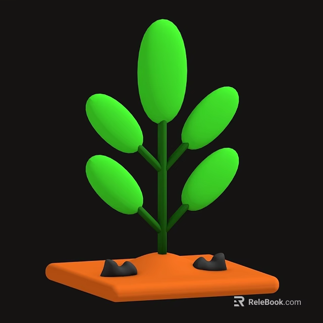 Green Leafy Plant with Multiple Oval Leaves Green Stem and Black Stones on Orange Base 3d model 