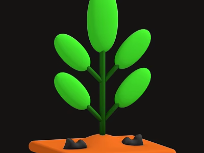 Green Leafy Plant with Multiple Oval Leaves Green Stem and Black Stones on Orange Base 3d model