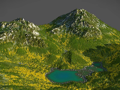 Beautiful Mountainous Landscape Featuring Snow Capped Peaks Green Forest Yellow Foliage And Blue Lake 3d model