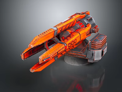 Orange Sci-Fi Spaceship Model With Mechanical Structure And Red Details On Gray Base 3d model