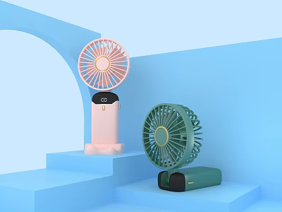 Two Pink And Green Air Conditioning Fans On Blue Steps With Light Blue Wall Arch 3d model