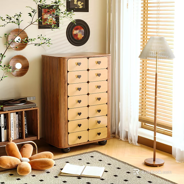 Wooden Storage Cabinet With Multiple Drawers And Heart Shaped Handles For Cozy Living Room Decor 3d model 