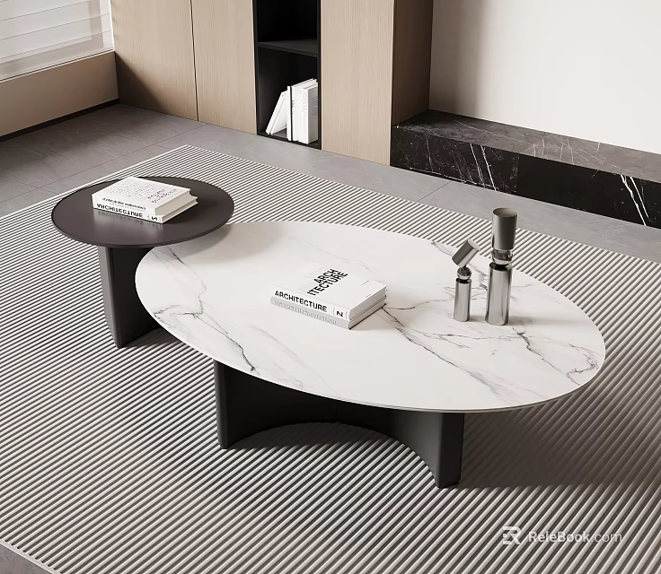 Modern Nested Coffee Tables With White Marble Top Black Base And Decorative Books 3d model