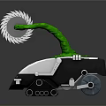 Robotic Vehicle With Green Arm White Saw Blade Tracked Chassis Black White Body Orange Accents