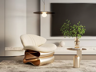 Modern Cream Single Seater Sofa With Curved Design Golden Legs And Green Plant 3d model