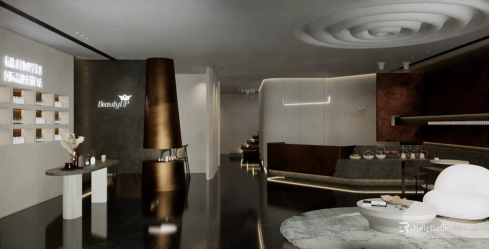 Modern Elegant Beauty Hair Salon Interior With Brown Decorative Column White Counter And Lighting 3d model 