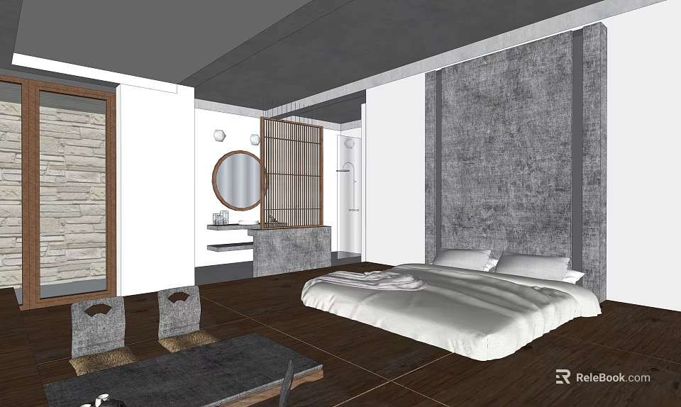 Hotel Guest Room With Wooden Flooring And Minimalist Bedhead Feature Wall 3d model 