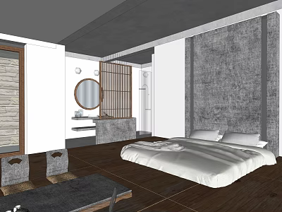 Hotel Guest Room With Wooden Flooring And Minimalist Bedhead Feature Wall 3d model