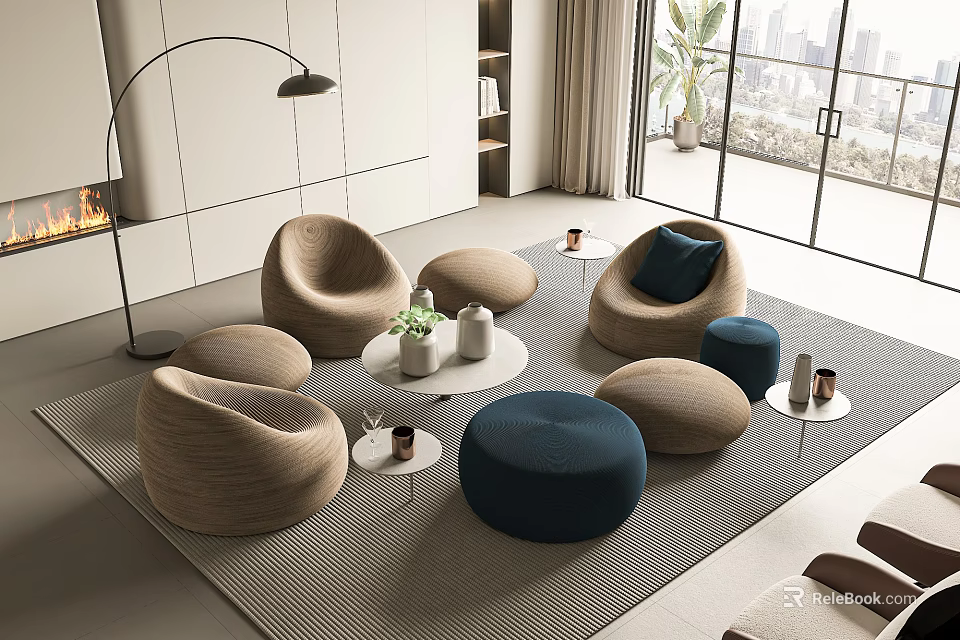 Casual Sofa Set Featuring Round Beige Navy Seats Small Tables Green Plants Floor Lamp 3d model 