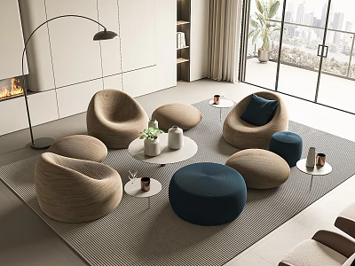 Casual Sofa Set Featuring Round Beige Navy Seats Small Tables Green Plants Floor Lamp 3d model
