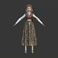 3D Model Girl in Vintage Outfit With Brown Beret Patterned Skirt and White Sleeves