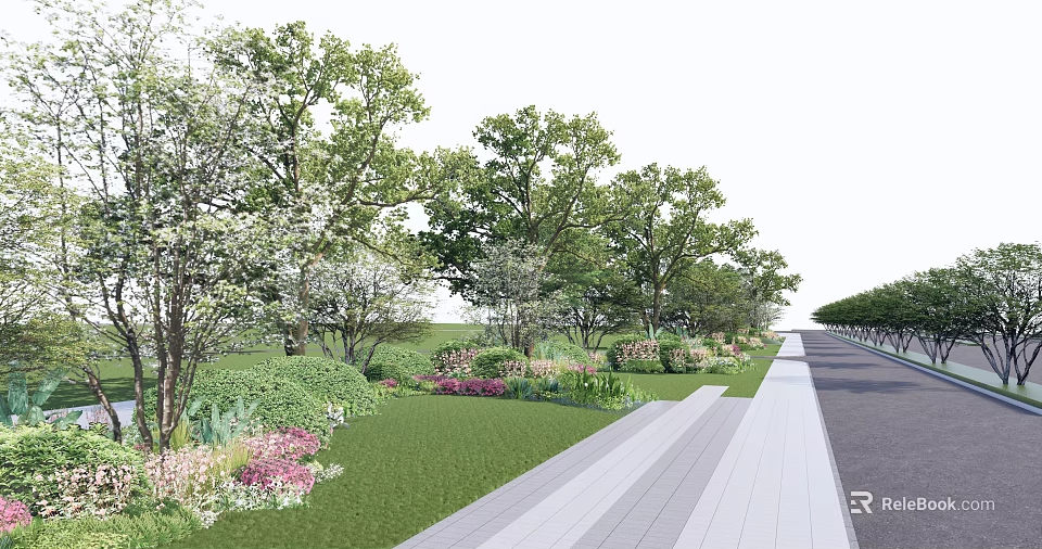 Arbor Centered Landscape Design With Lush Grass Pedestrian Pathway And Colorful Flowers 3d model 
