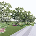 Arbor Centered Landscape Design With Lush Grass Pedestrian Pathway And Colorful Flowers