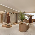 Modern Clothing Store Interior Design Featuring Mannequins Dresses Wooden Tables Clothing Racks And Green Plants