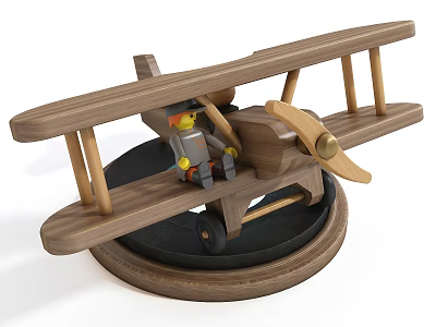 Wooden Electric Toy Biplane With Little Pilot Figure On Round Base 3d model