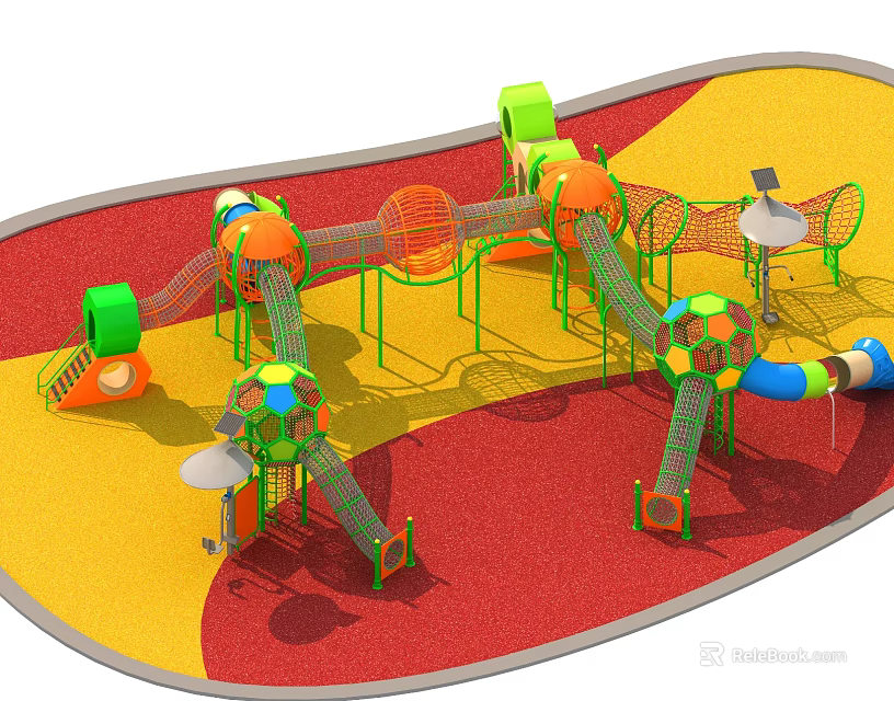 Colorful Playground Equipment Featuring Slides Climbing Nets Green Orange Blue Structures And Red Yellow Floor 3d model 