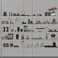 Decorative Ornament Set With Teapots Sculptures Vases And Plants On White Shelves