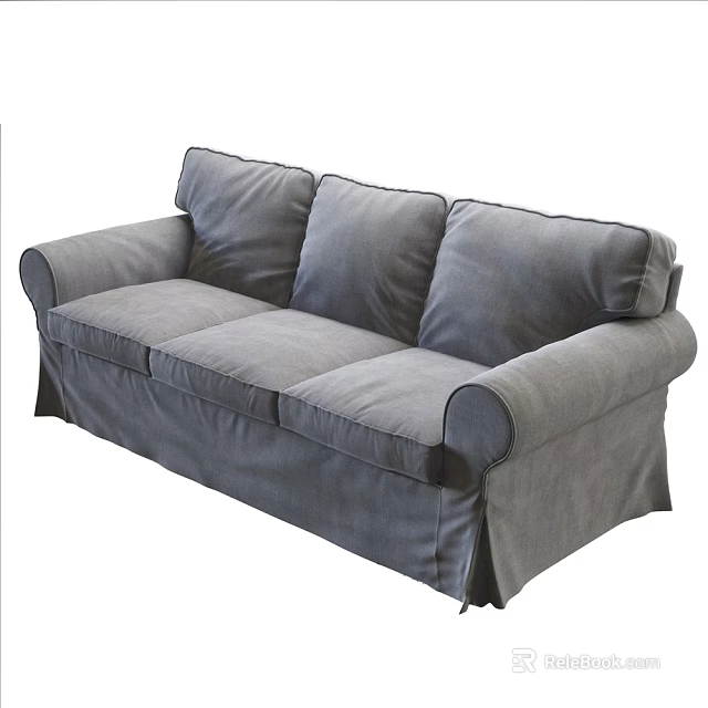 Comfortable Gray Fabric Upholstered Three Seater Sofa With Rolled Arms And Skirted Base 3d model 