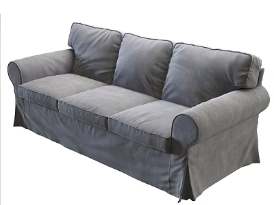 Comfortable Gray Fabric Upholstered Three Seater Sofa With Rolled Arms And Skirted Base 3d model