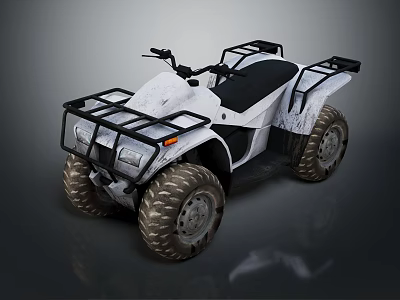 White All Terrain Vehicle With Large Tires Metal Racks And Black Seat 3d model