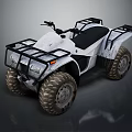 White All Terrain Vehicle With Large Tires Metal Racks And Black Seat