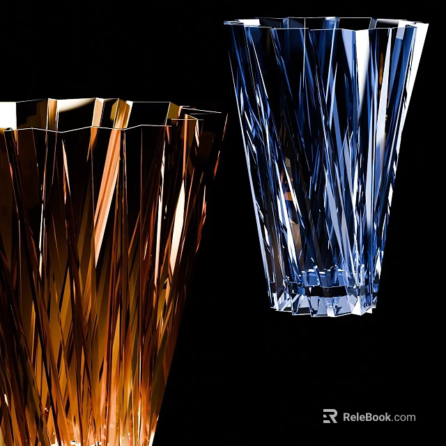 Golden Brown And Blue Textured Glass Vases With Cut Design On Black Background 3d model 