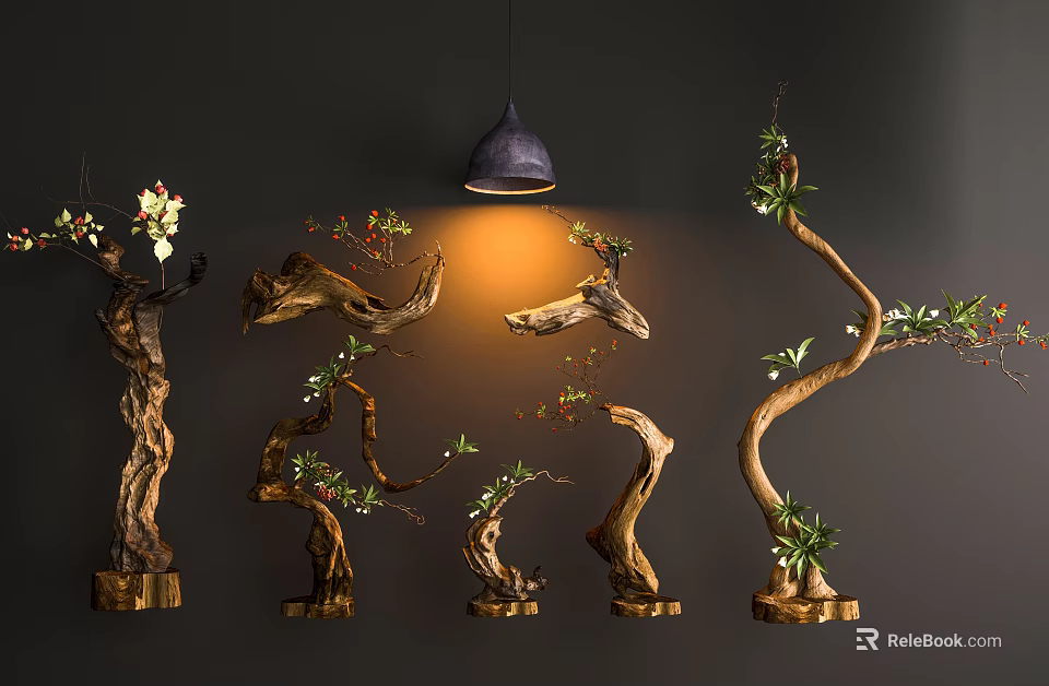 Indoor Interior Landscape With Decorative Tree Trunks Green Plants And Hanging Lamp 3d model 