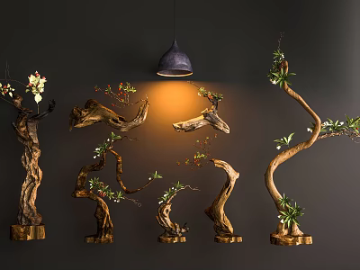 Indoor Interior Landscape With Decorative Tree Trunks Green Plants And Hanging Lamp 3d model