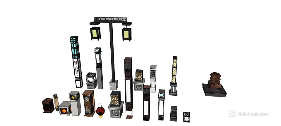 Various Stylish Lamp Combination With Lantern Column And Modern Design Fixtures 3d model 