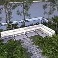 Outdoor Leisure Area With Glass Roof River View And White Seating Surrounded By Green Trees And Stone Path