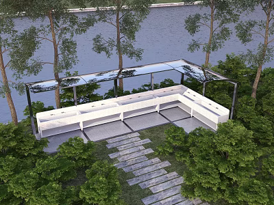 Outdoor Leisure Area With Glass Roof River View And White Seating Surrounded By Green Trees And Stone Path 3d model