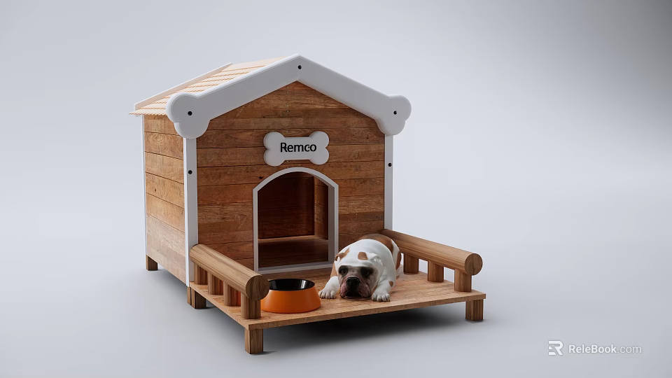 Wooden Rexico Dog House Platform With English Bulldog And Orange Bowl 3d model 