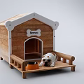 Wooden Rexico Dog House Platform With English Bulldog And Orange Bowl