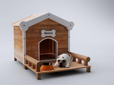 Wooden Rexico Dog House Platform With English Bulldog And Orange Bowl 3d model