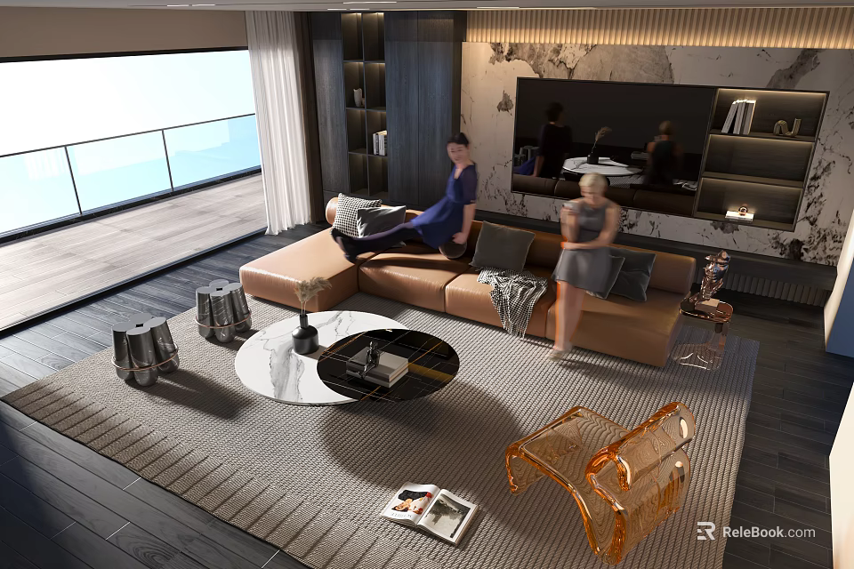 Modern Light Brown Sofa With Round Glass Top Coffee Table Set In Living Room With Area Rug 3d model 