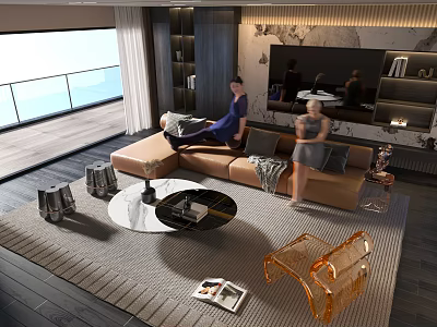 Modern Light Brown Sofa With Round Glass Top Coffee Table Set In Living Room With Area Rug 3d model