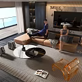 Modern Light Brown Sofa With Round Glass Top Coffee Table Set In Living Room With Area Rug