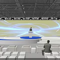 Modern Stage With Large Blue Illuminated Screen Circular Light Lines Podium White Seats And Audience
