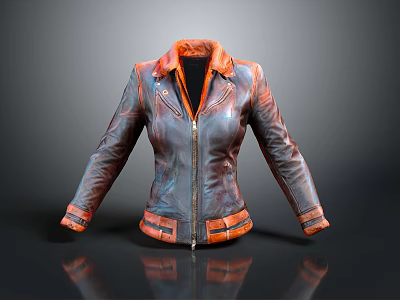 Stylish Gray And Orange Leather Jacket With Zipper Closure And Orange Collar 3d model
