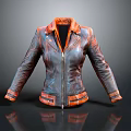 Stylish Gray And Orange Leather Jacket With Zipper Closure And Orange Collar