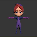 3D Game Character With Red Hair Purple Headband And Purple Blue Bodysuit Arms Outstretched