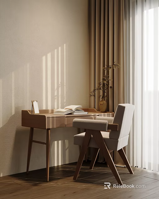 Wooden Dining Table Set With Beige Chair Sunlight Shadows Vase Plant And Curtain Backdrop 3d model 