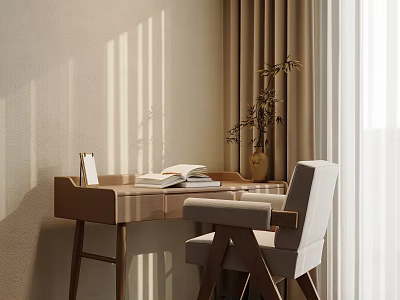Wooden Dining Table Set With Beige Chair Sunlight Shadows Vase Plant And Curtain Backdrop 3d model