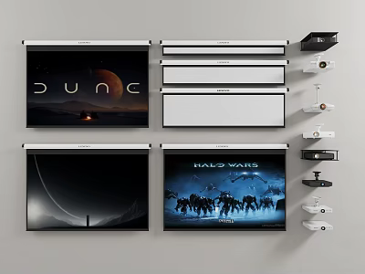 Projection Monitoring Systems Setup With Multiple Wall Mounted Screens And Surveillance Devices 3d model