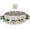 Elegant Round Dining Table With Transparent Chairs Green Cushions And White Flower Bouquet