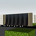 Modern Water Feature Wall with Cascading Water Nighttime Lighting Urban Trees and High-Rise Background