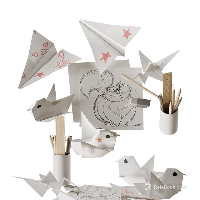 Creative Decorative Ornament Set With Paper Planes Cranes Pencil Holder Squirrel Sketch And Pencils 3d model 