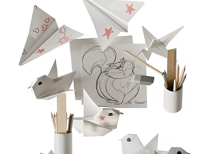 Creative Decorative Ornament Set With Paper Planes Cranes Pencil Holder Squirrel Sketch And Pencils 3d model