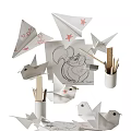 Creative Decorative Ornament Set With Paper Planes Cranes Pencil Holder Squirrel Sketch And Pencils