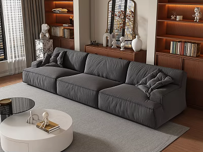 Modern Living Room Large Gray Sectional Sofa with Wooden Bookshelves Round Coffee Table and Decorations 3d model